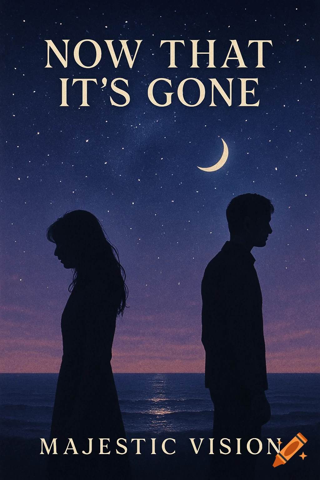 Silhouettes of a man and woman stand back-to-back under a starry night sky with a crescent moon, overlooking the ocean. Text 'NOW THAT IT'S GONE' and 'MAJESTIC VISION'.