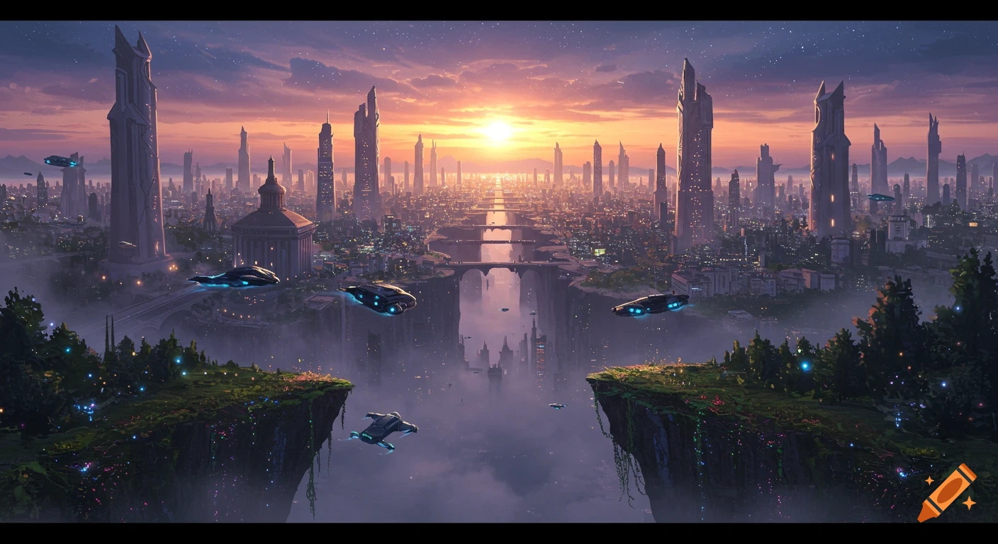 A futuristic global city at sunset, with towering buildings, flying vehicles, and lush, glowing cliffs overlooking a misty chasm.