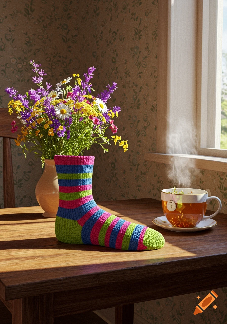 A colorful striped knitted sock on a wooden table, next to a vase of wildflowers and a steaming teacup by a window.