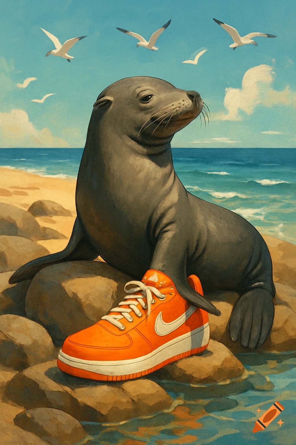 Illustrative painting of a sea lion on a beach, wearing a vibrant orange Nike sneaker, with seagulls flying in a blue sky.