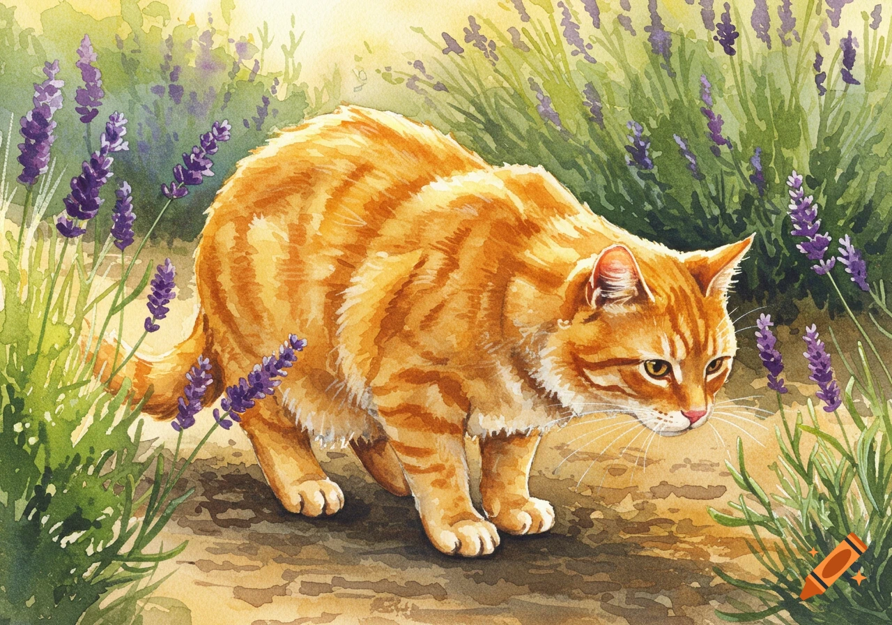 An orange tabby cat sniffs purple lavender plants in a watercolor painting.