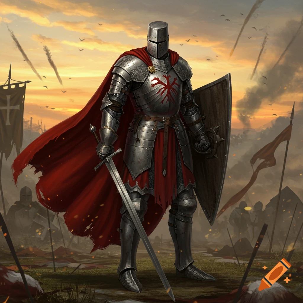 A medieval knight in full silver armor and a flowing red cape stands with a sword and shield on a battle-scarred field at sunset.