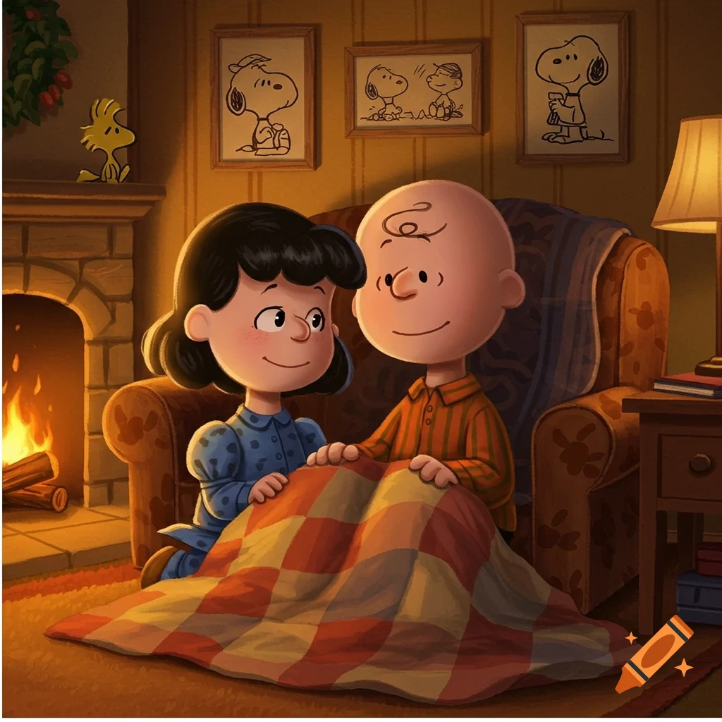 Lucy van Pelt and Charlie Brown cuddle under a blanket by a warm fireplace with Snoopy pictures on the wall in a cozy cartoon illustration.