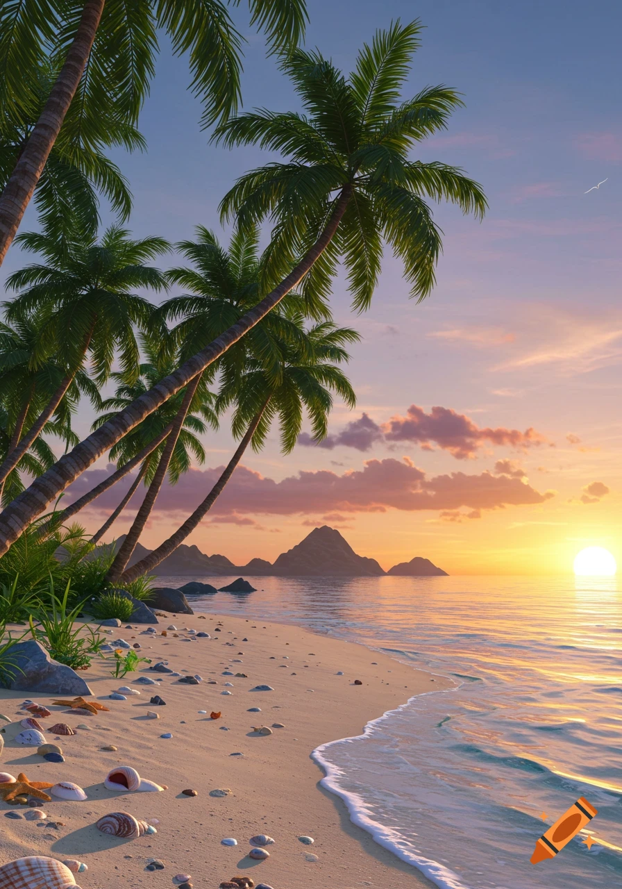 A tropical beach at sunset with palm trees, mountains, and seashells scattered on the sand as waves gently touch the shore.