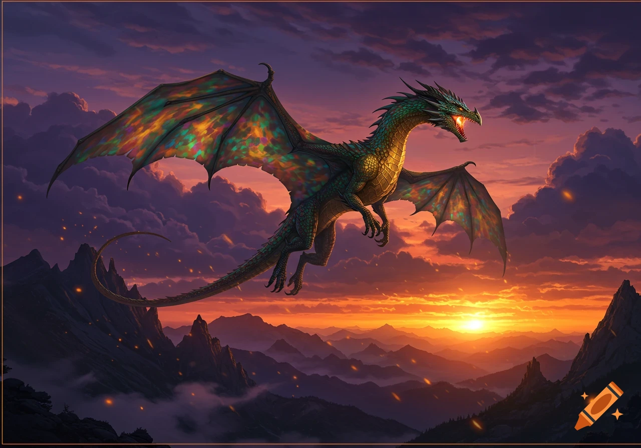 A majestic green dragon with iridescent wings flies over a mountain range at a vibrant sunset.