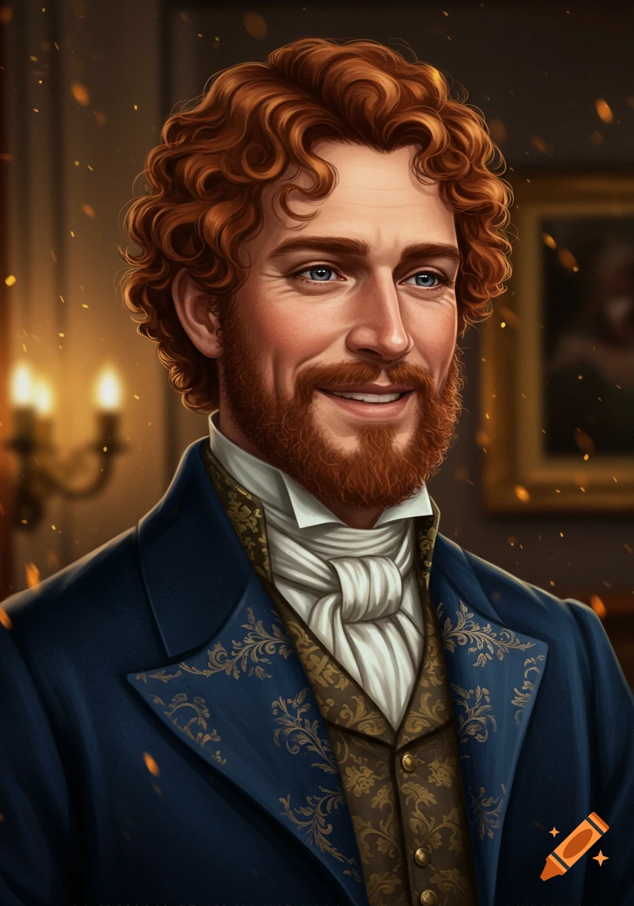 Illustrative portrait of a smiling handsome Victorian man with curly red hair and a beard, wearing an ornate blue jacket and white cravat.