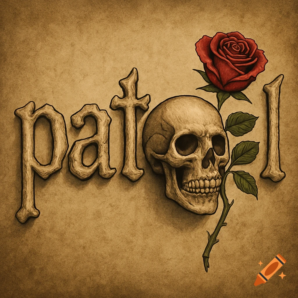 Stylized illustration of the word 'patrol' with bones and a skull from which a red rose grows.