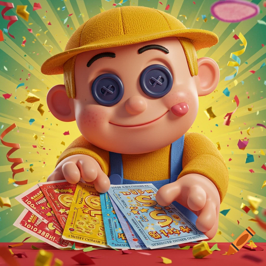 A 3D cartoon doll character with button eyes and a yellow hat holds a fanned stack of colorful lottery tickets amidst falling confetti.