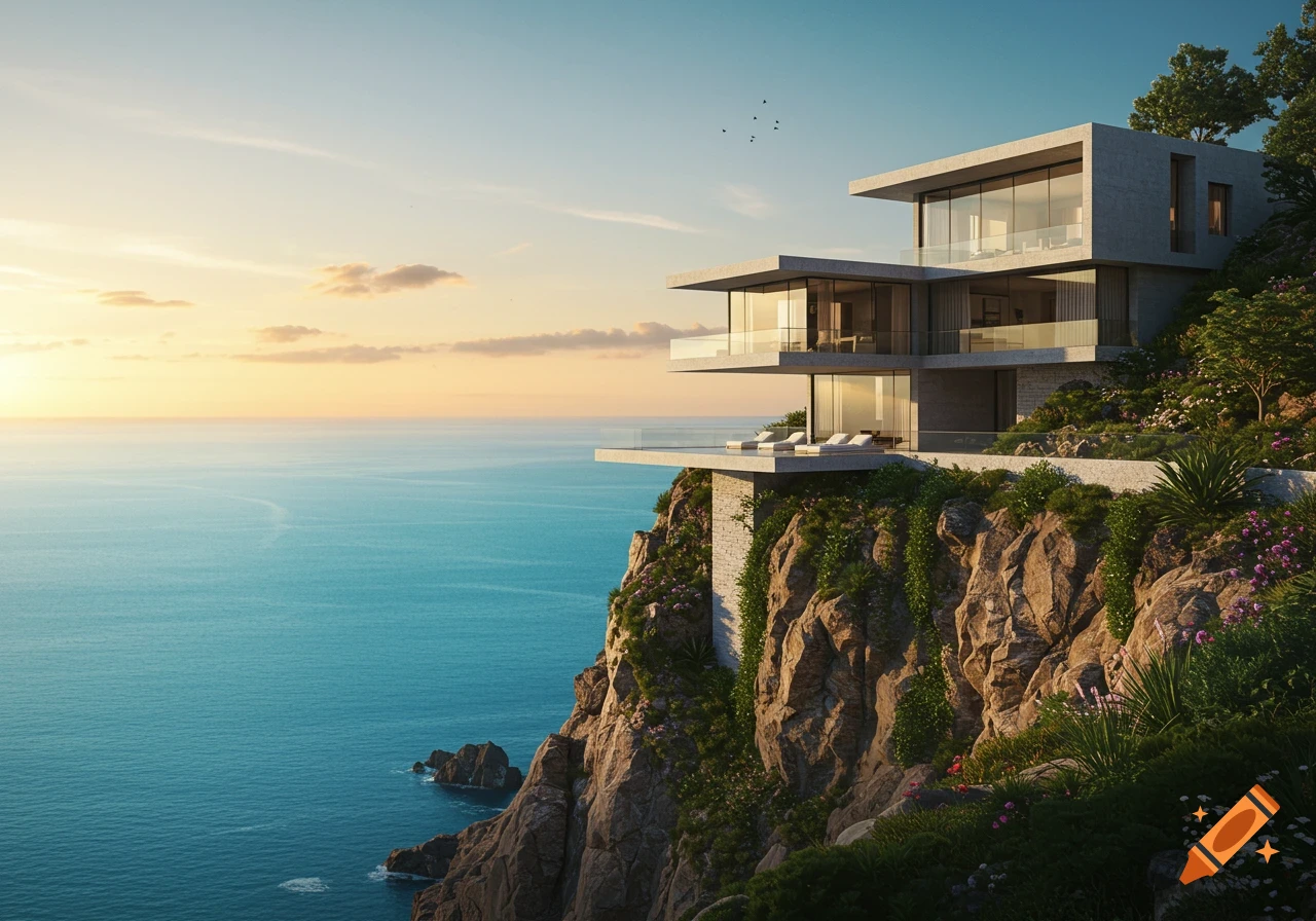 Modern multi-level house on a rocky cliff overlooking a serene ocean at sunset.