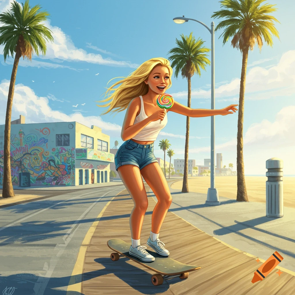 An illustrated blonde woman skateboards on a sunny Venice Beach boardwalk, smiling and holding a lollipop, with palm trees.