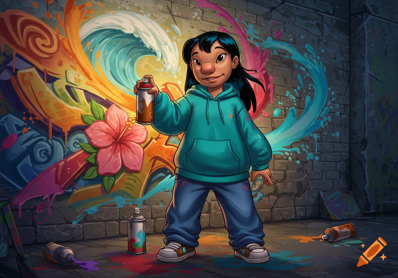 Lilo from Lilo & Stitch as a graffiti artist in a teal hoodie and baggy jeans, holding a spray can in front of a colorful wall with a hibiscus flower and waves.