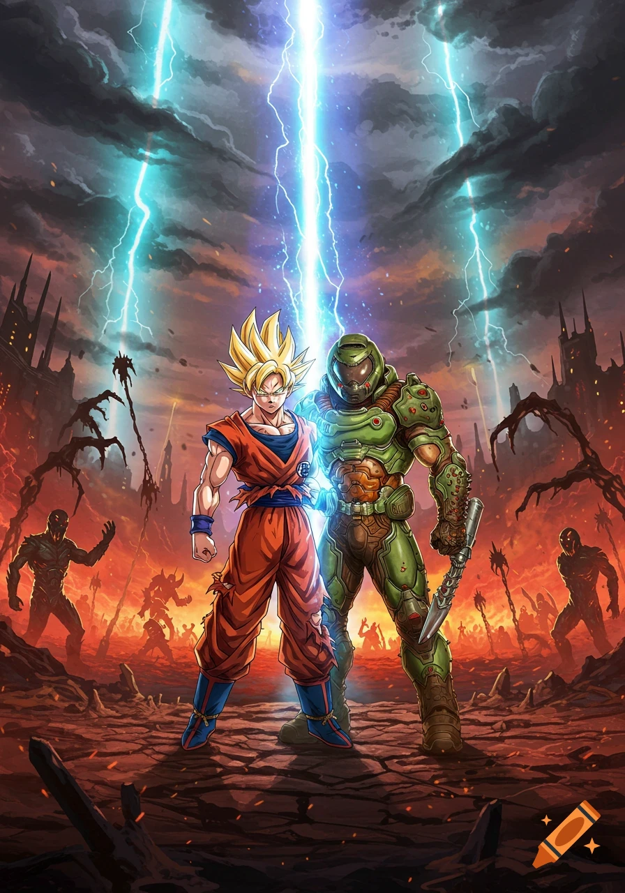 Goku and Doom Guy stand heroically in a fiery, demonic landscape with lightning in an anime art style.