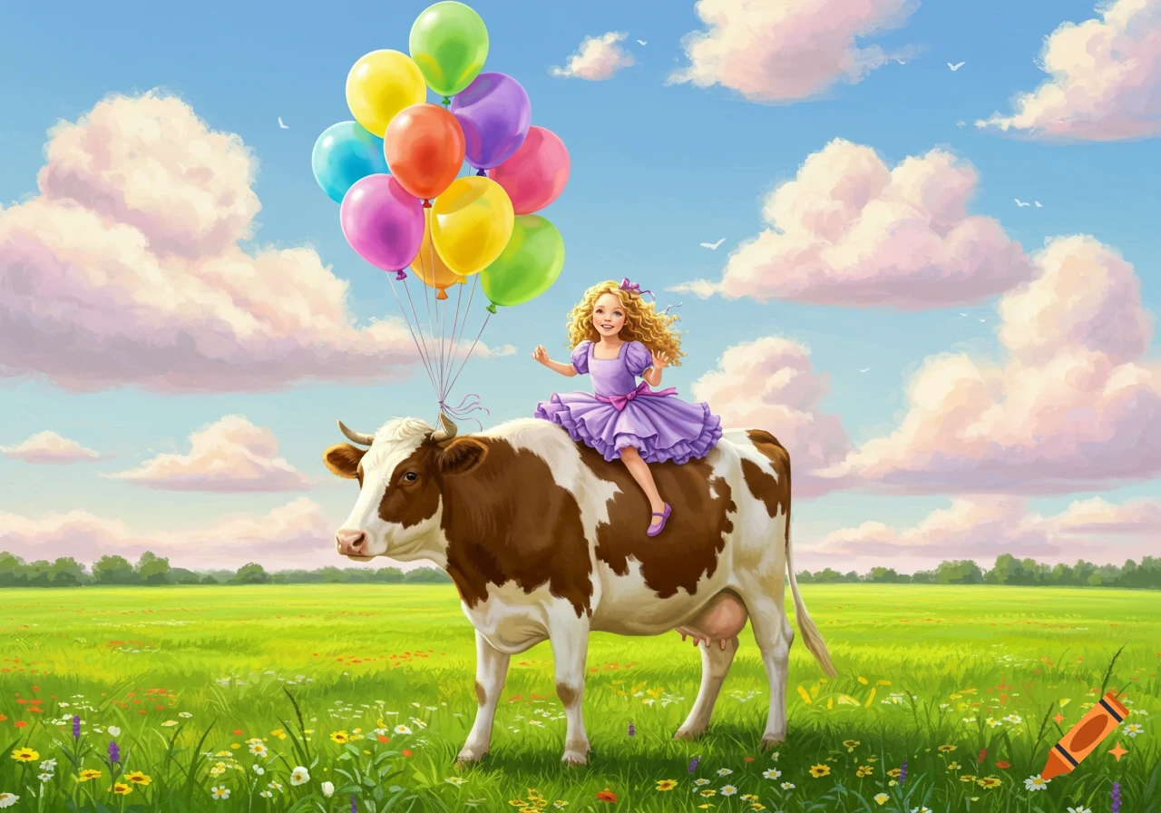 A cheerful girl in a purple dress rides a brown and white cow in a green field, holding colorful balloons under a blue sky. Illustrated.