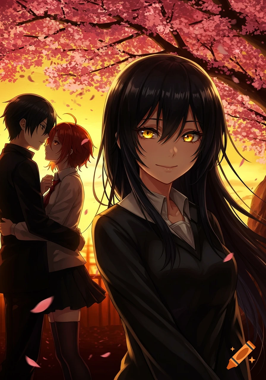 Anime girl with black hair and yellow eyes smiles while a couple embraces behind her under cherry blossoms at sunset.