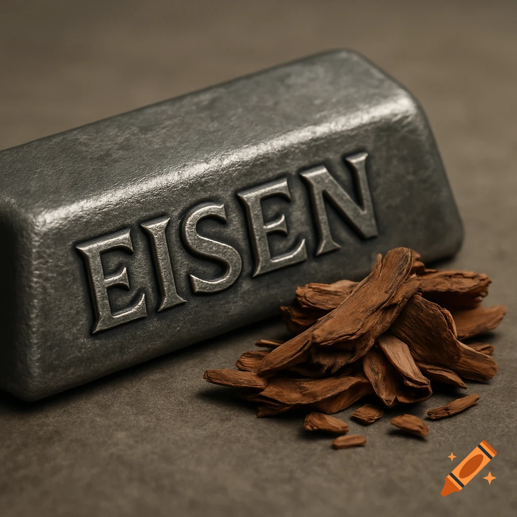 A photorealistic image of a metal bar with EISEN embossed on it, next to a pile of dark brown cinchona bark chips on a gray surface.