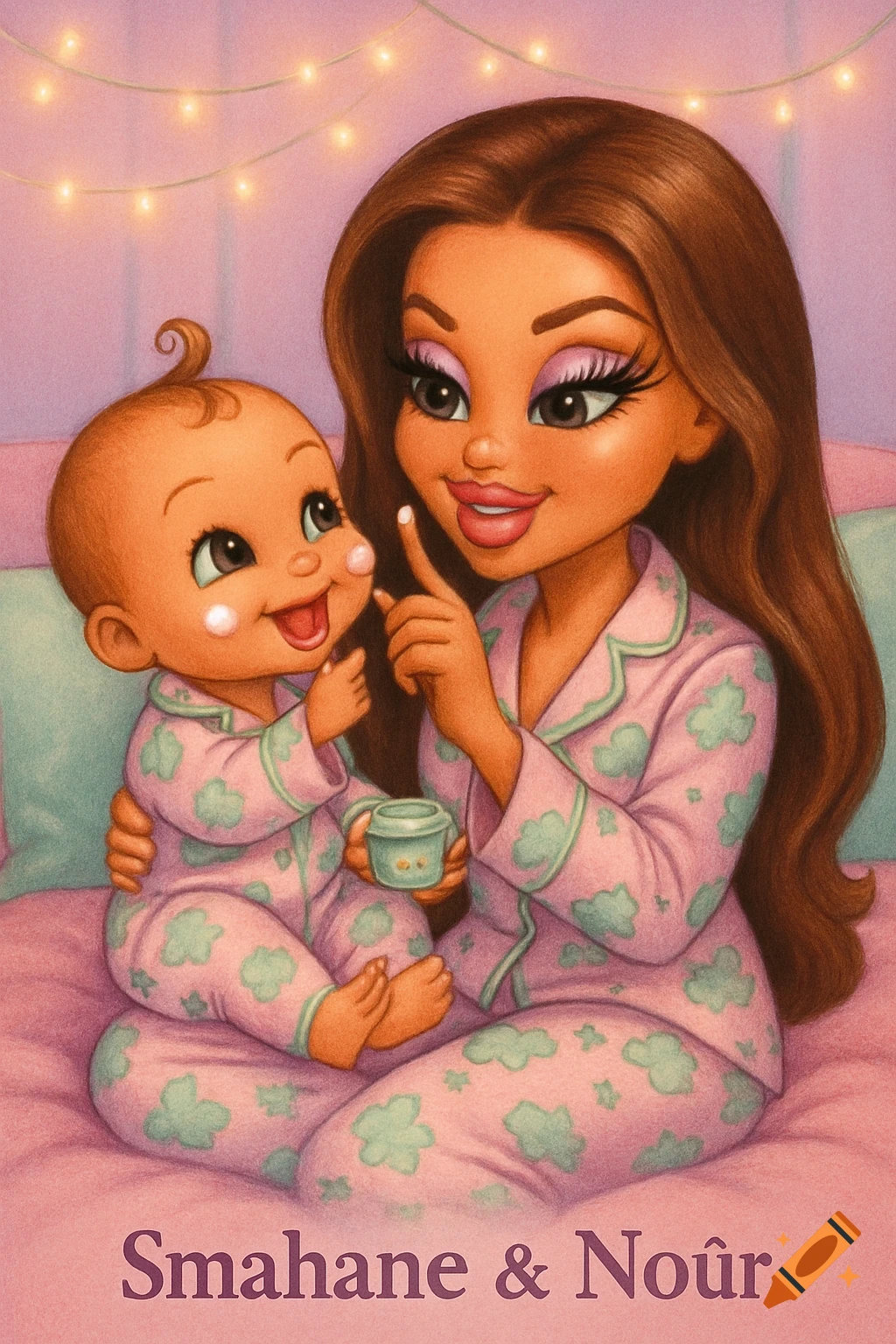 A Bratz-style illustration of a mother and baby in matching pink pajamas on a bed with fairy lights, applying skincare.