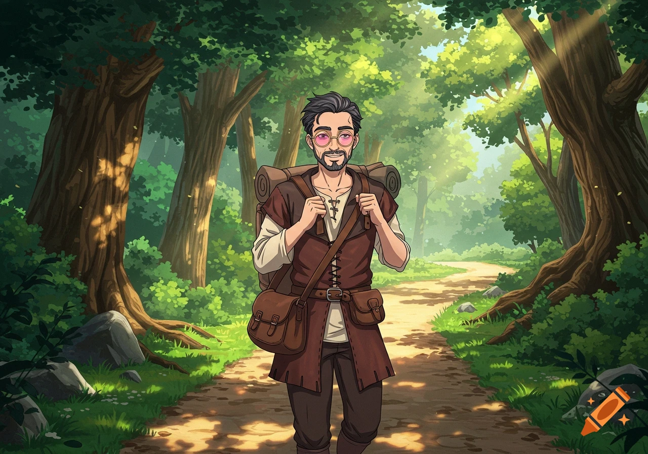 An anime-style medieval traveling merchant with a beard and rose-colored glasses walks through a sun-dappled forest.