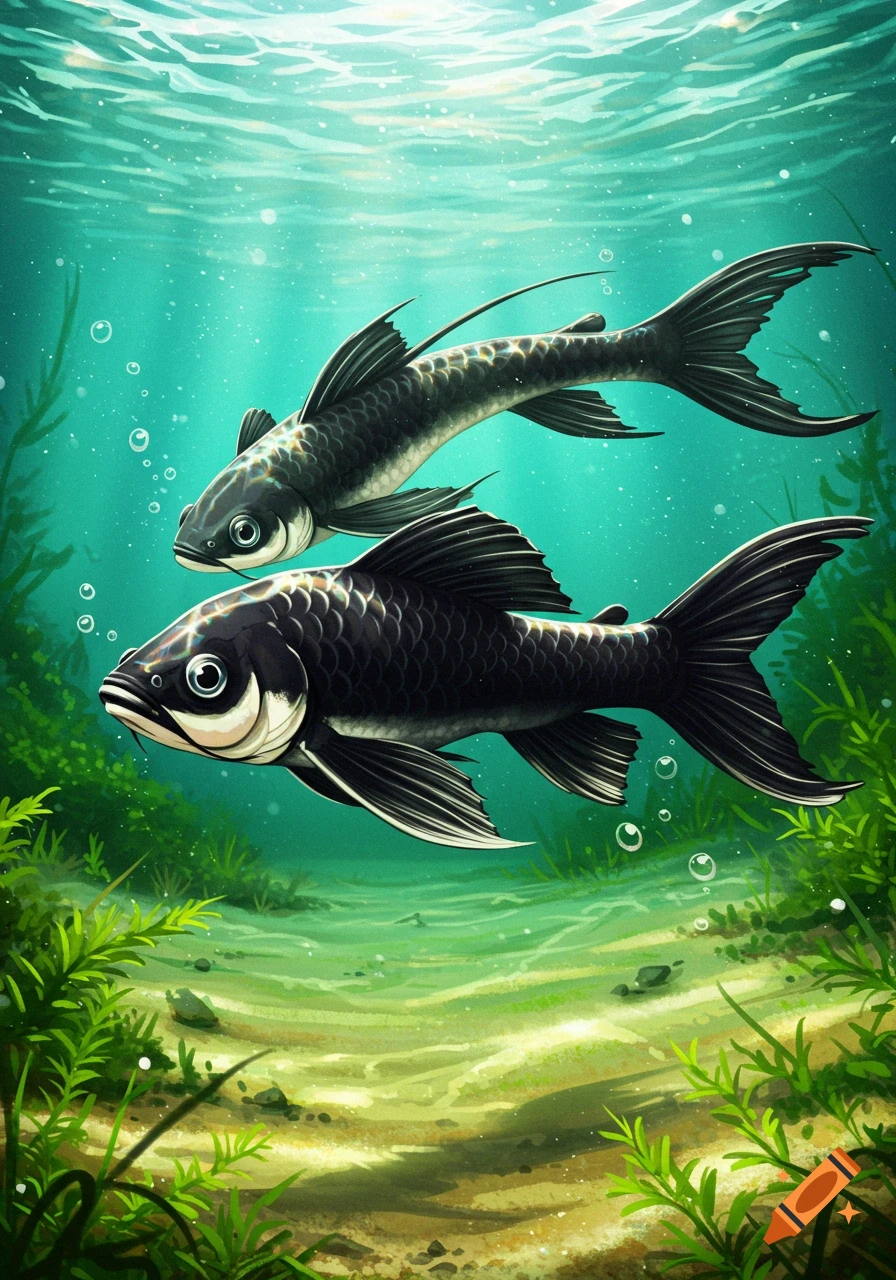 Two illustrated black fish swim vibrantly in clear teal water with light rays, green aquatic plants, and a sandy bottom.