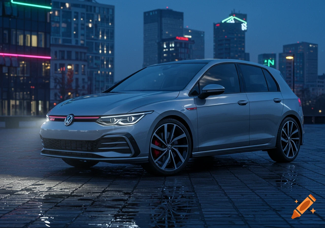 A silver Volkswagen Golf GTI parked on a wet city street at night, with illuminated buildings in the background.