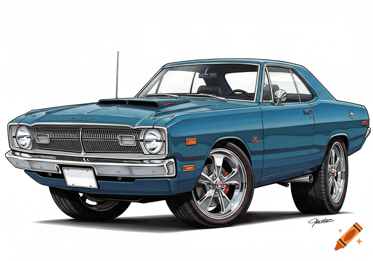 A stylized cartoon illustration of a blue 1971 Dodge Dart Sprinter hot rod with exaggerated proportions, large chrome wheels, and a lowered stance.