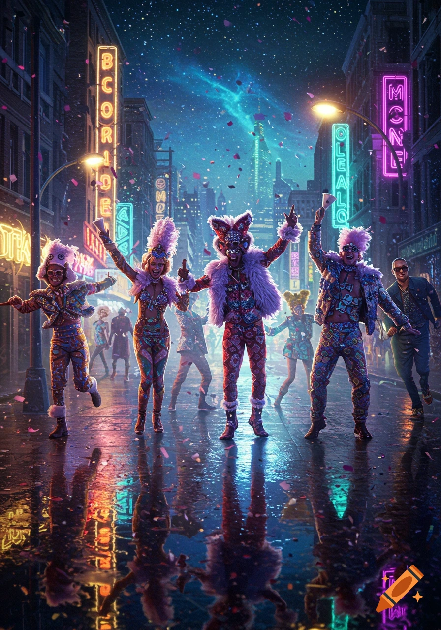 People in colorful, elaborate costumes dancing on a wet city street at night under neon signs and falling confetti.