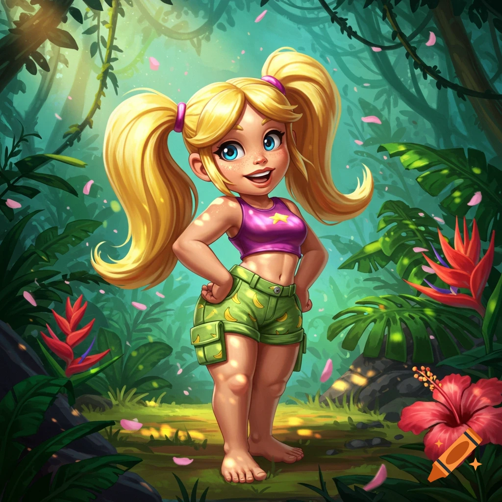 A vibrant cartoon girl with blonde pigtails, a purple crop top, and green banana shorts stands barefoot in a lush jungle.