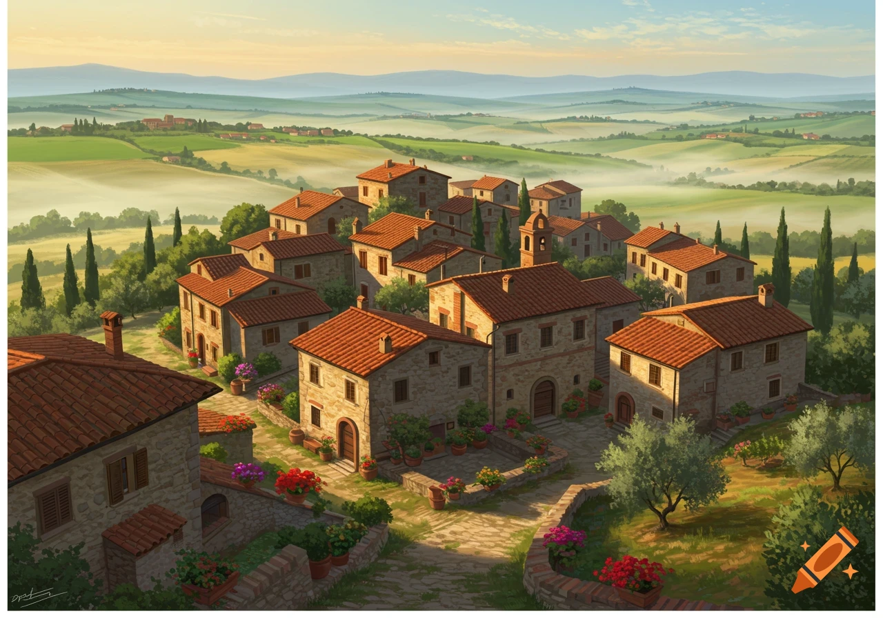 An illustrated serene Italian village with terracotta roofs nestled in rolling green hills with morning fog and cypress trees under a clear sky.