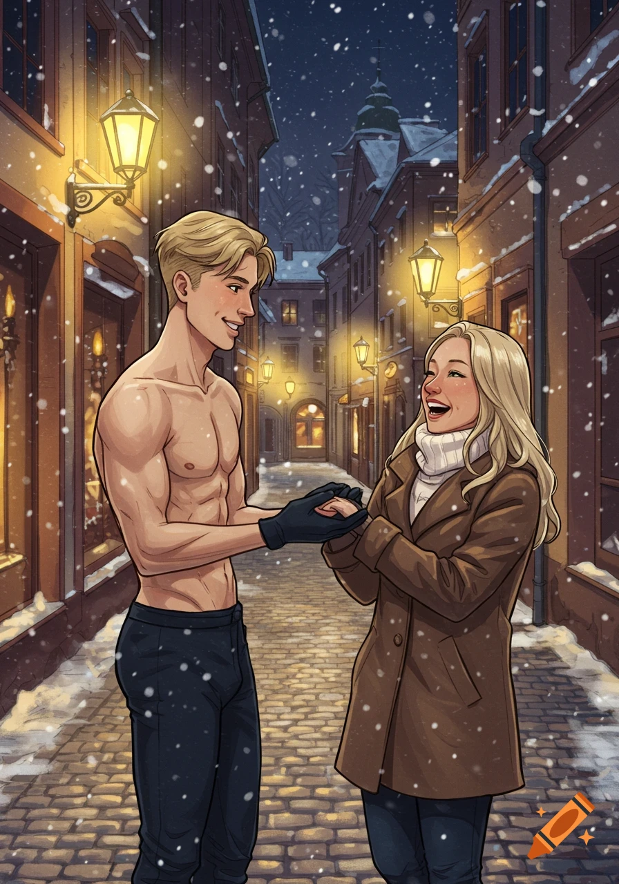 Soft illustration of a shirtless man warming the hands of a laughing woman on a snowy, lamp-lit historic city street at night.