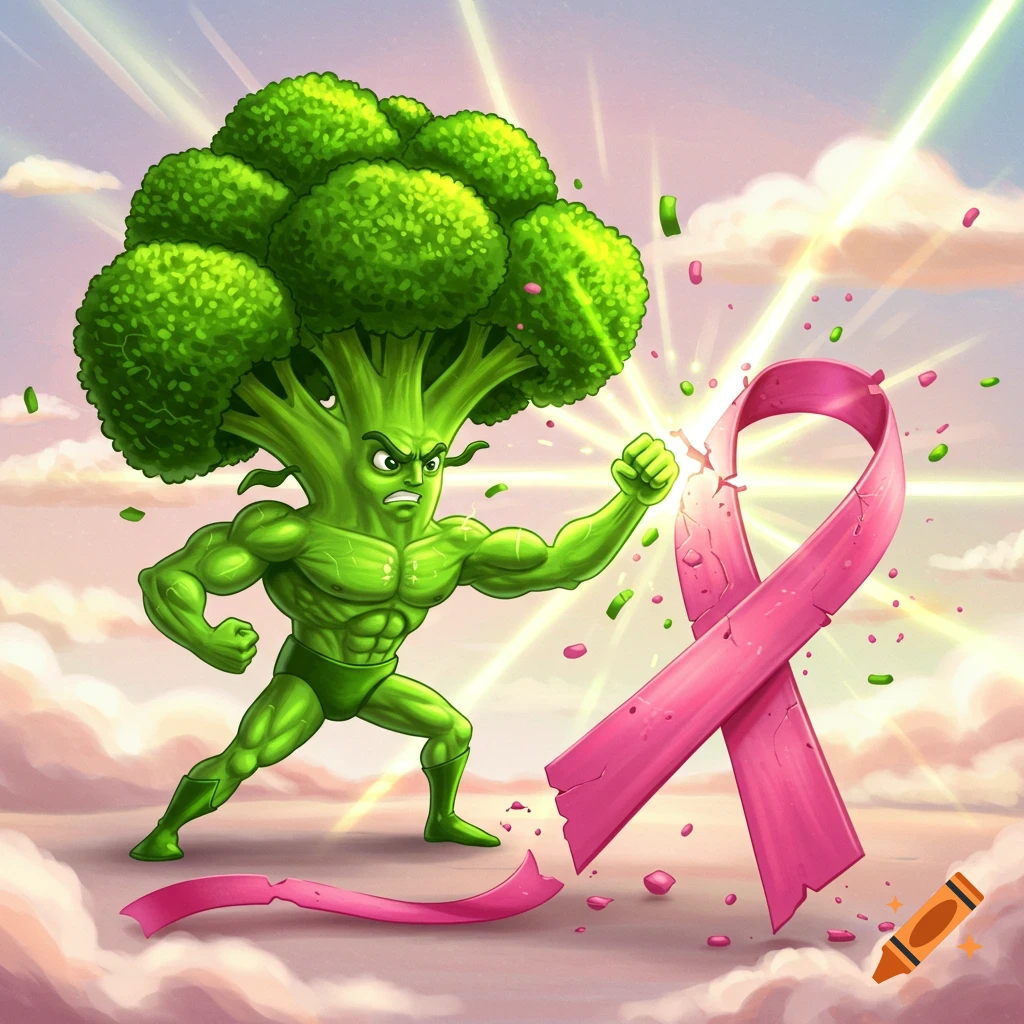 A muscular, superhero broccoli with a determined expression punches and shatters a pink ribbon, in a vibrant cartoon style.