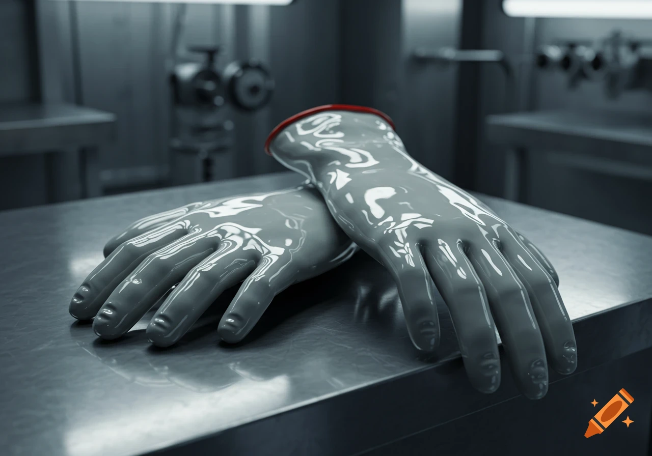 Two grey, shiny gloves with red cuffs lay on a reflective metal surface in a dimly lit laboratory.