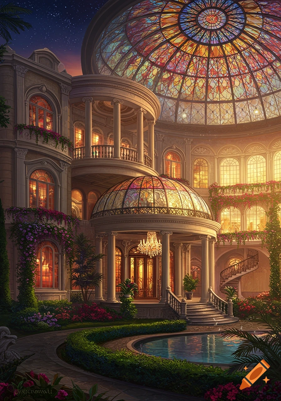 A grand, ornate mansion at dusk with a large stained glass dome, balconies, a pool, and lush gardens under a starry sky.