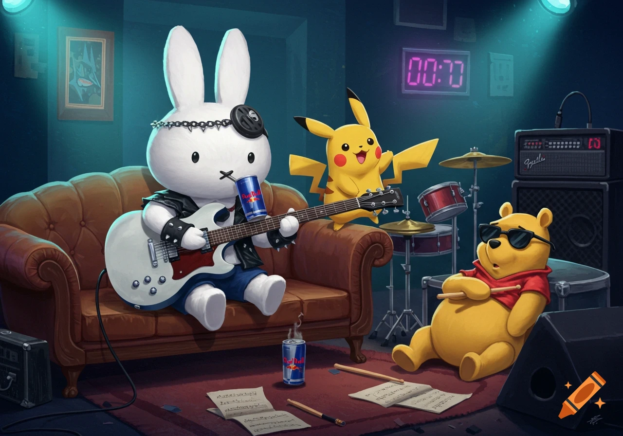 Miffy the rabbit, Pikachu, and Winnie the Pooh in a rock band. Miffy plays guitar, Pikachu stands next to her, and Winnie the Pooh sleeps by drums. Digital art style.