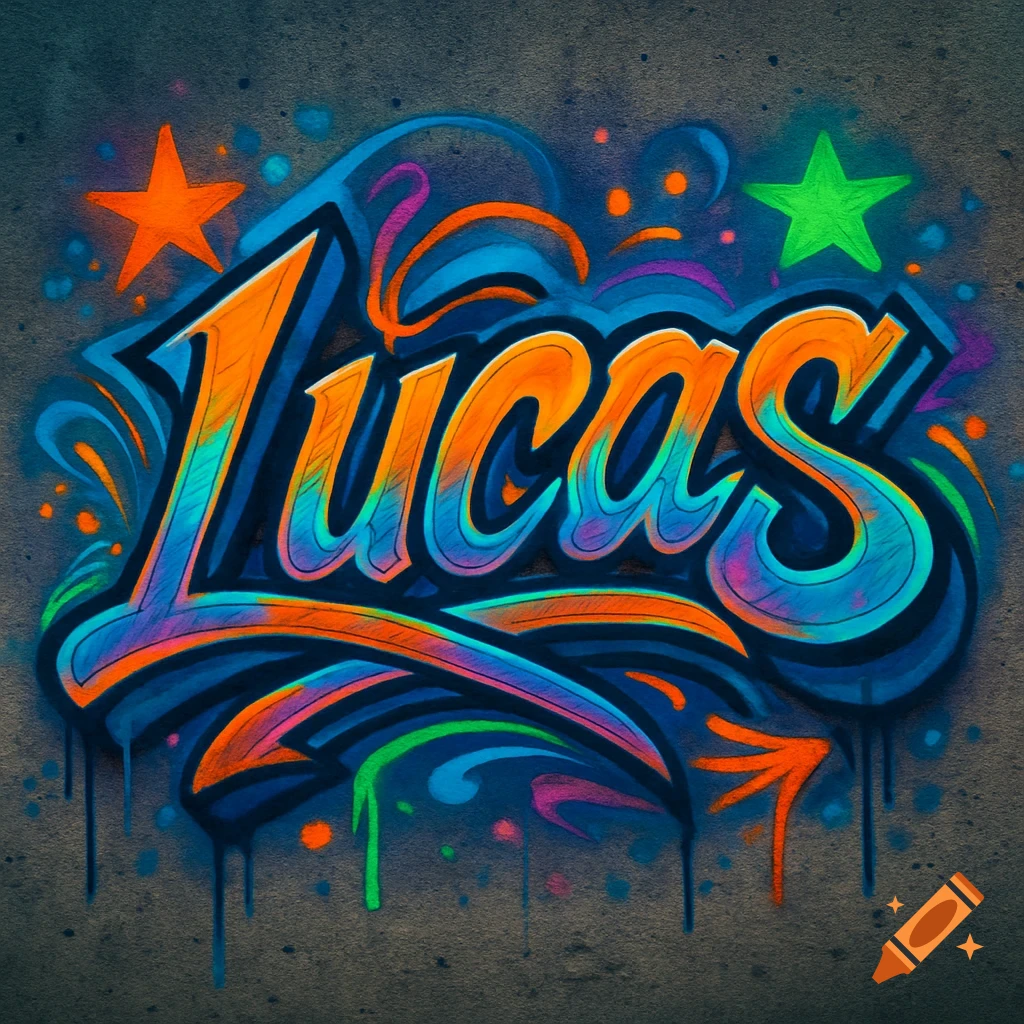 The name Lucas rendered in vibrant graffiti style, with neon orange, blue, and green colors, against a dark textured background.