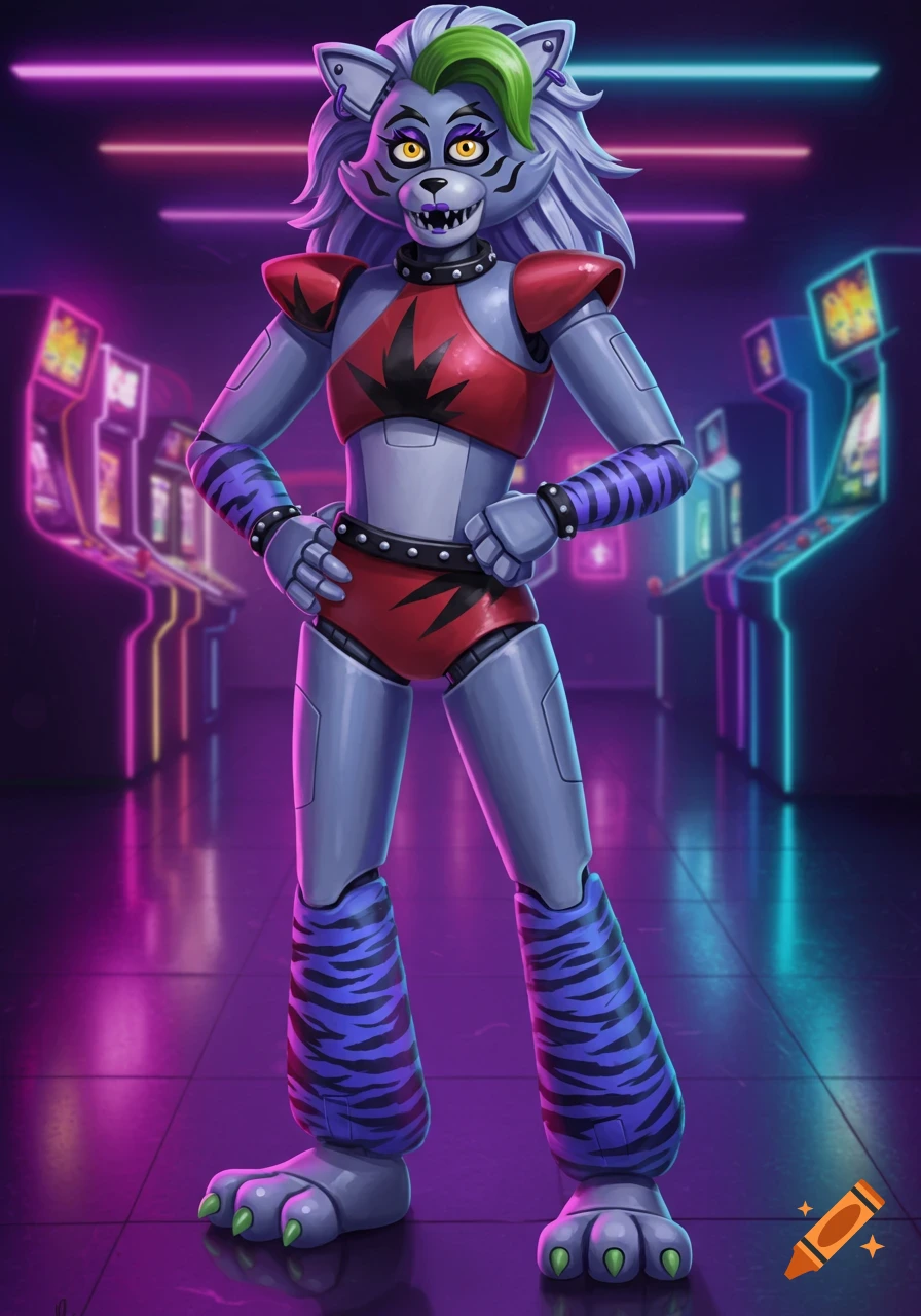 Roxanne Wolf, an anthropomorphic animatronic wolf in a red crop top and shorts, stands confidently in a neon-lit arcade.