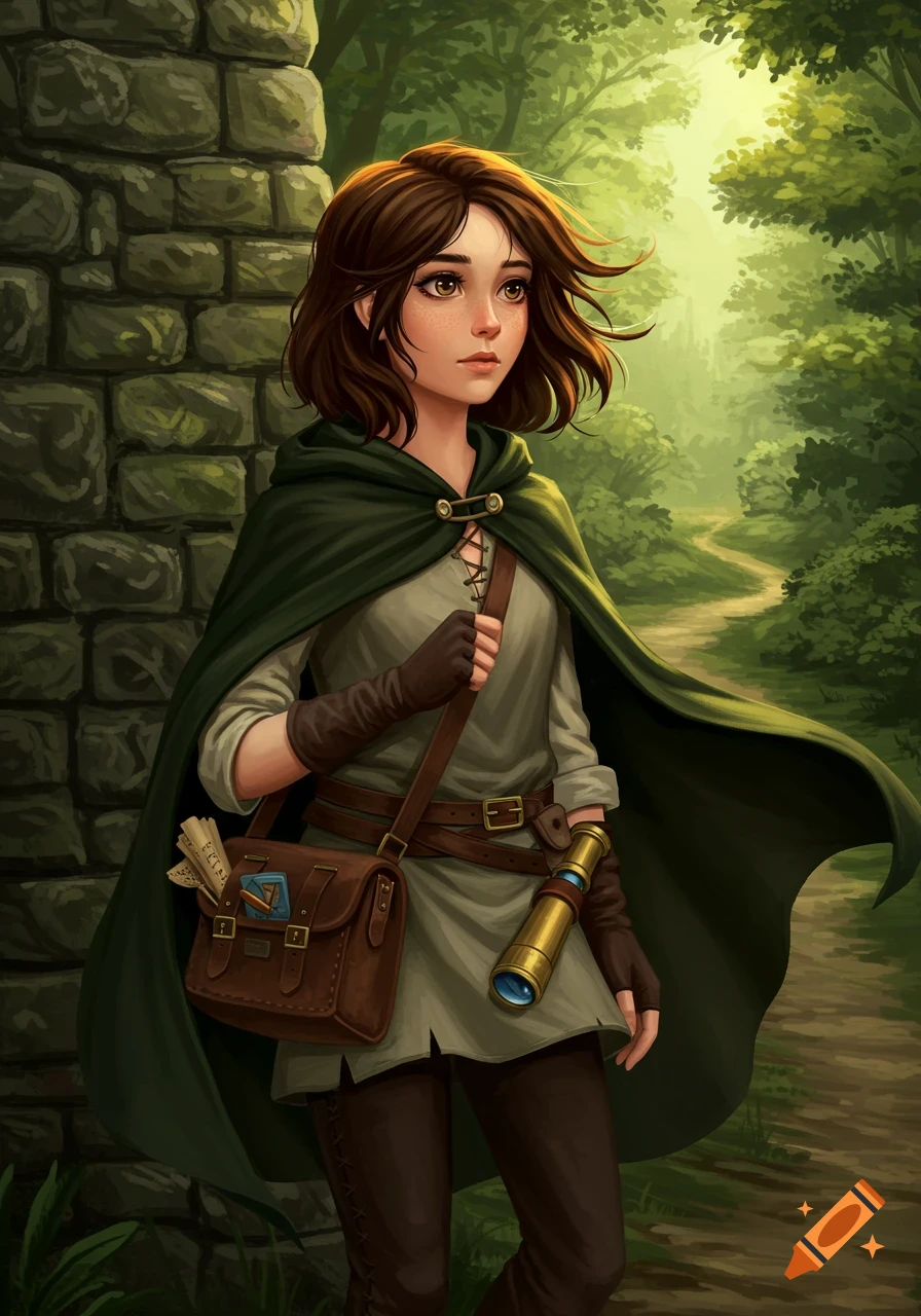A young female explorer in a green cloak and brown satchel stands by a stone wall on a forest path, holding a spyglass.
