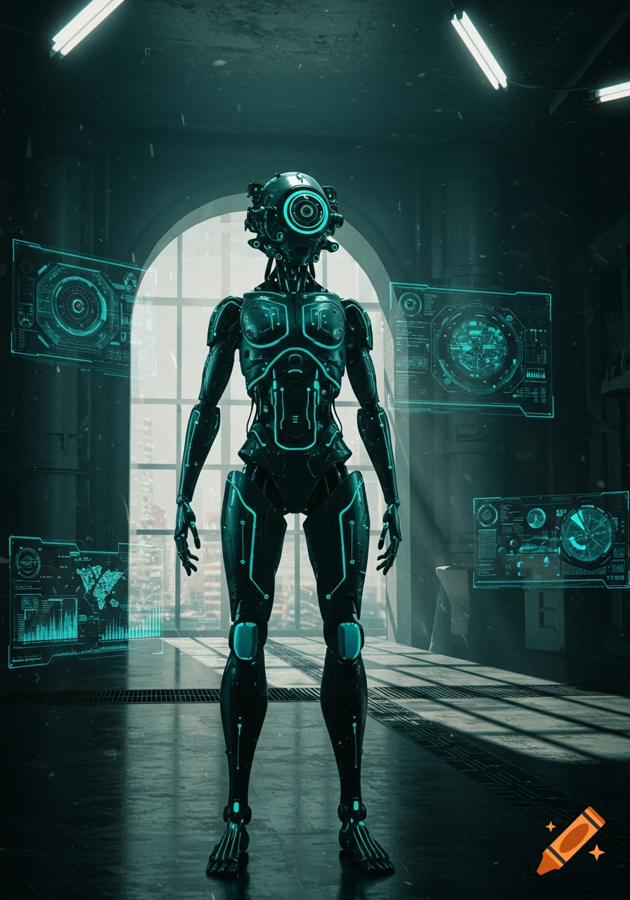 A dark, sleek robot with a large single eye and glowing teal lines on its body stands in a futuristic room with holographic screens displaying data.