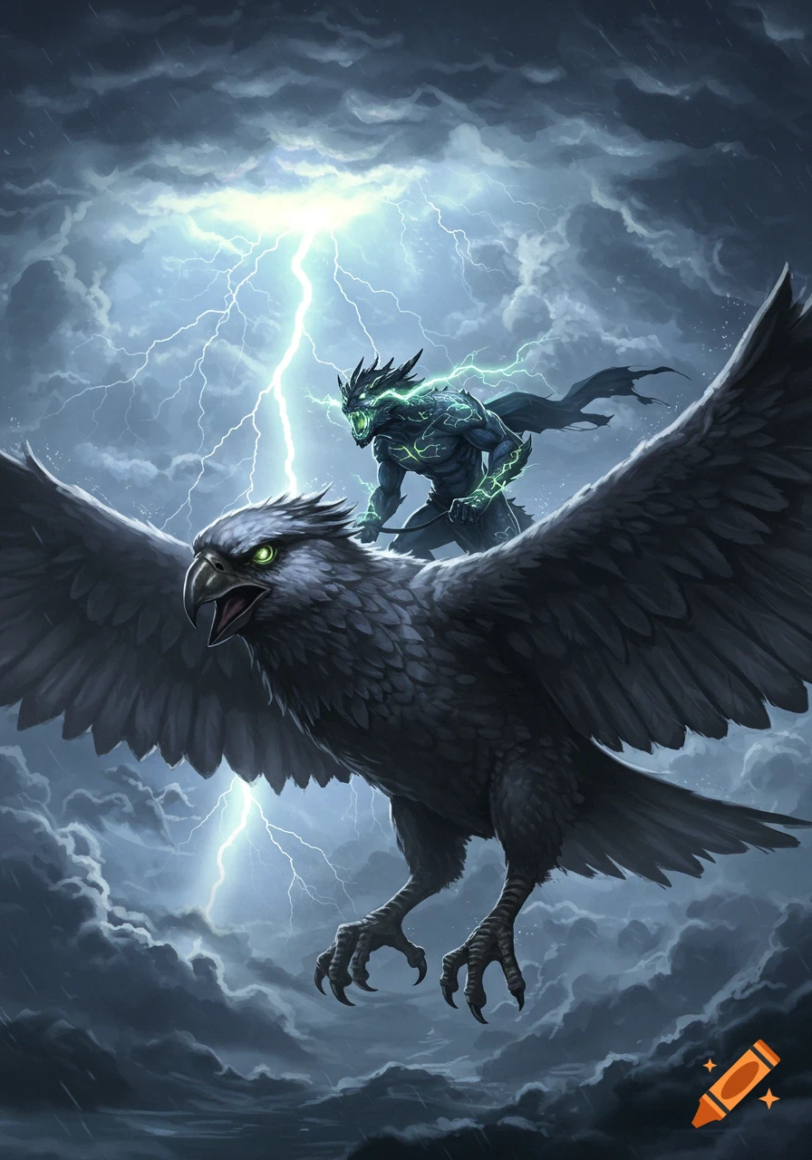 A green-glowing monster rides a giant dark bird through a stormy sky with lightning. Fantasy digital art.