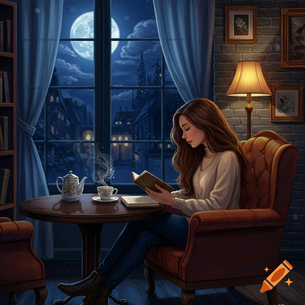 A young woman with long brown hair reads a book in a cozy room at night, with a teacup and a full moon visible through the window. Digital illustration.