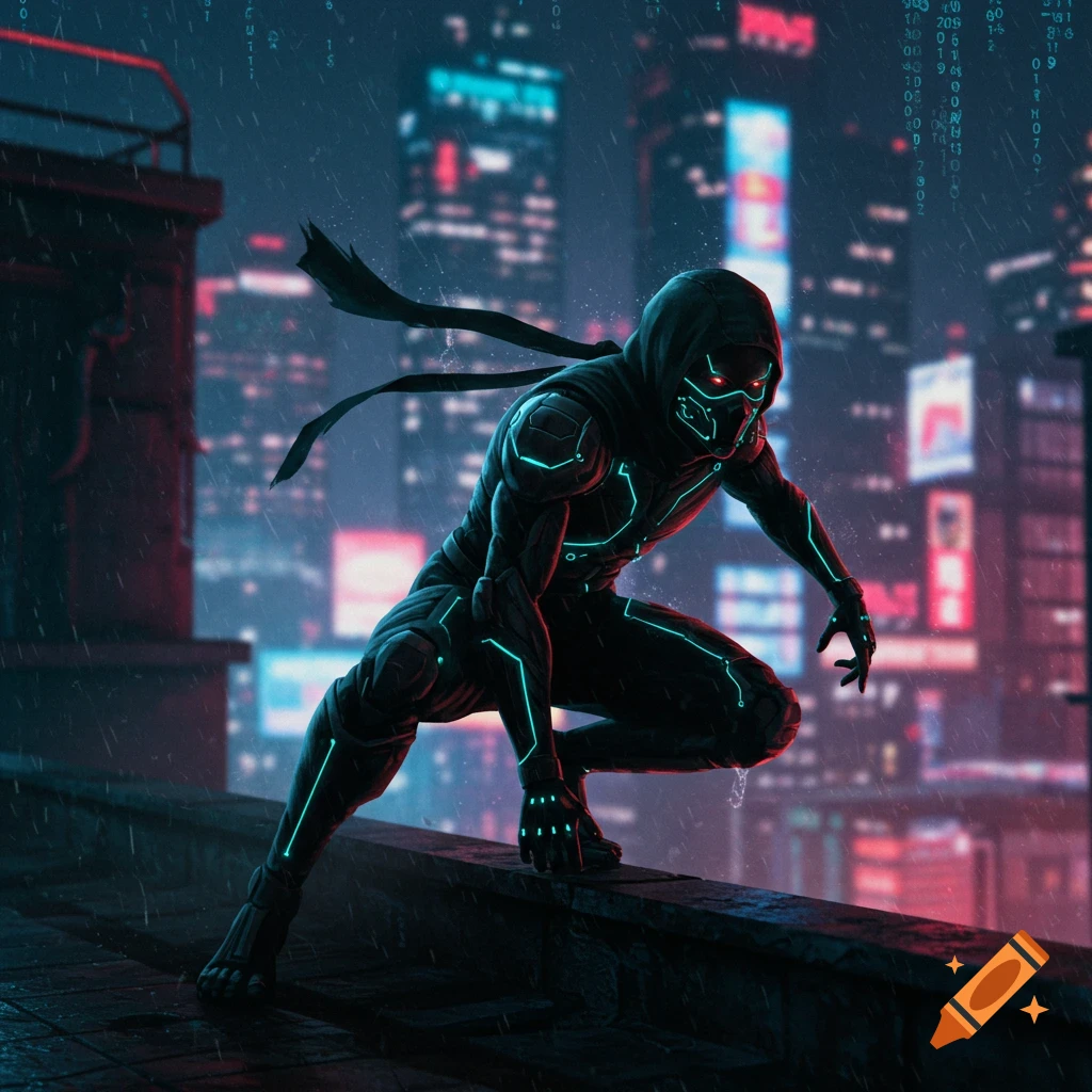 A hooded cyber ninja with glowing teal suit details crouches on a rainy rooftop against a neon-lit cyberpunk city skyline at night.