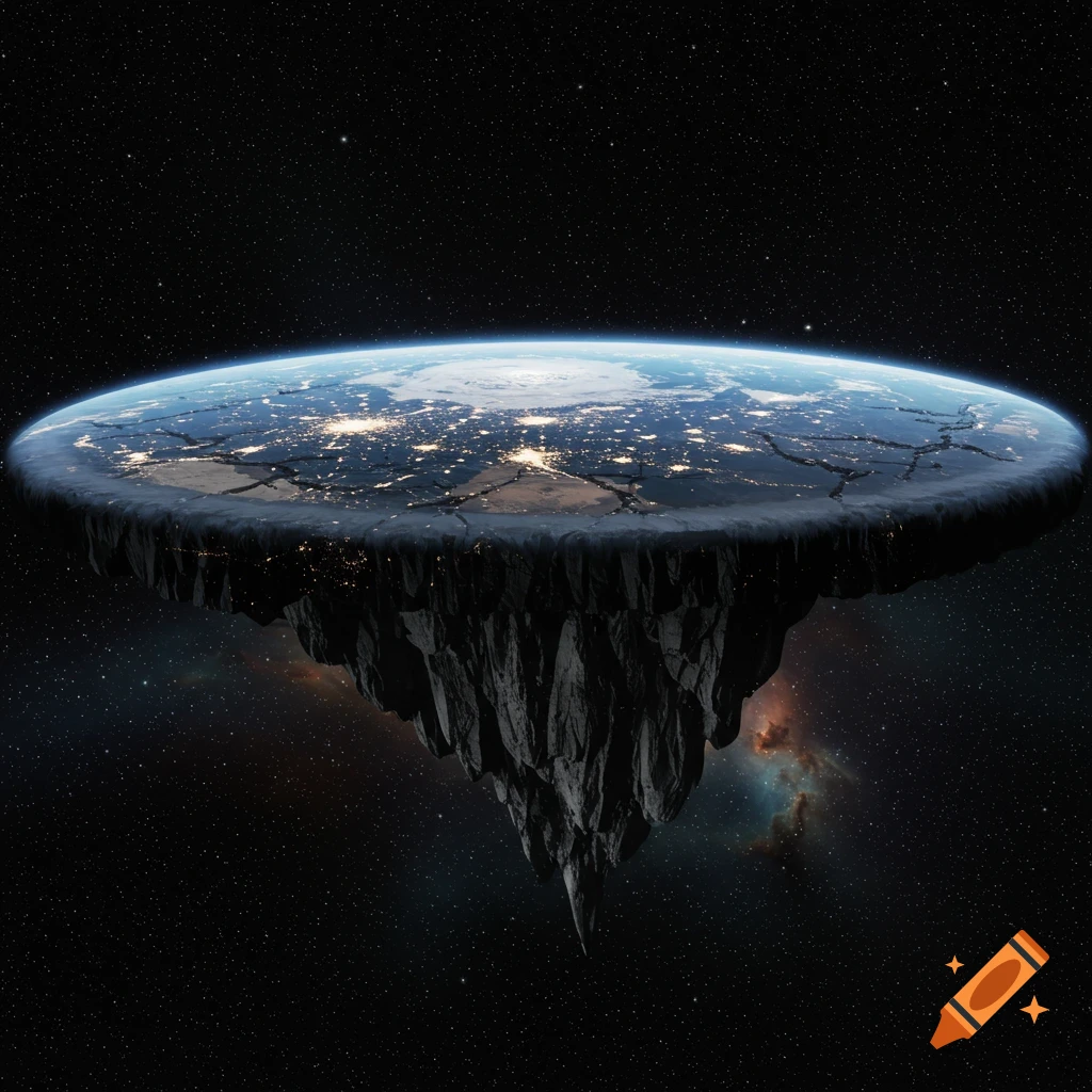 Photorealistic image of a flat Earth from below, floating in deep space with city lights on its surface and rugged rock formations on its underside.