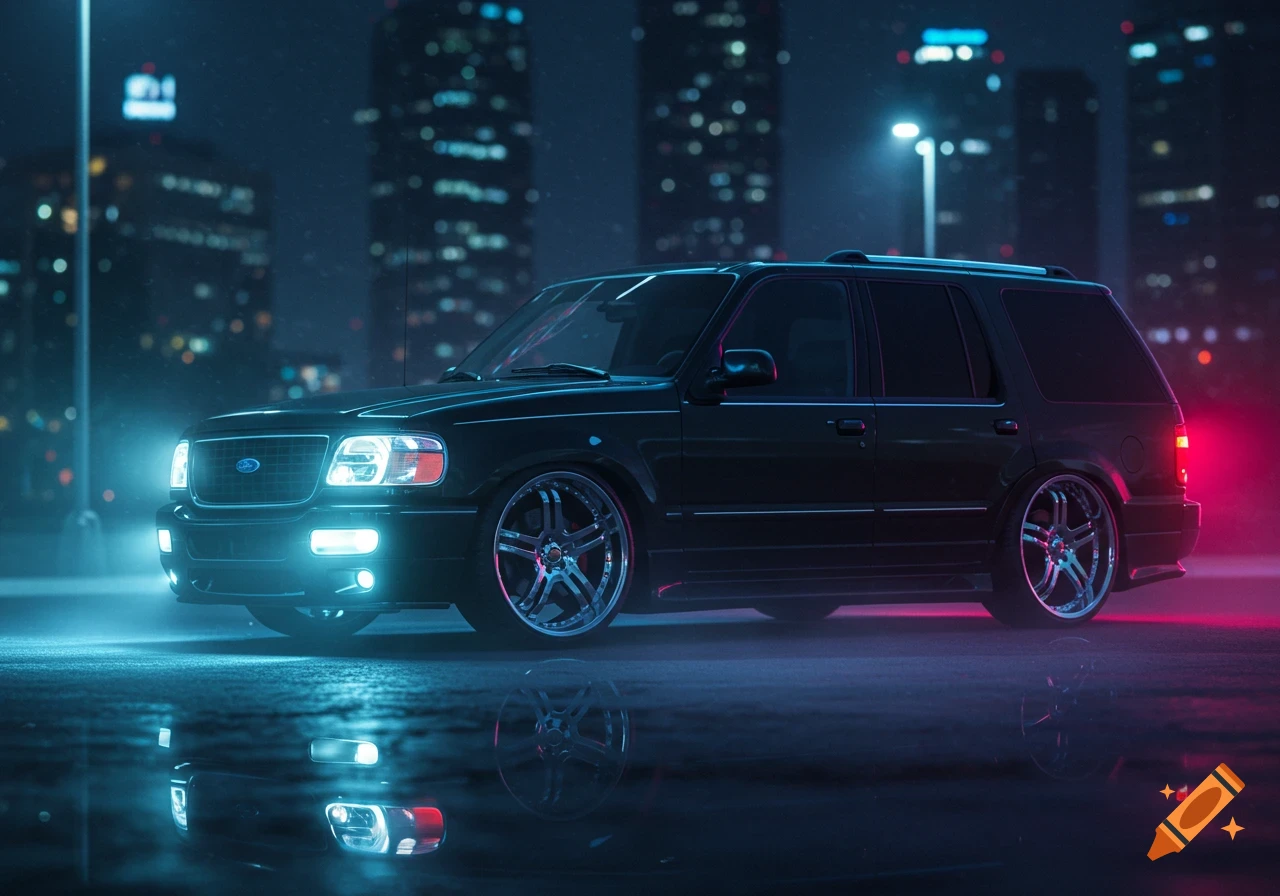 A black Ford Explorer with custom wheels is parked on a wet city street at night, illuminated by blue headlights and streetlights.