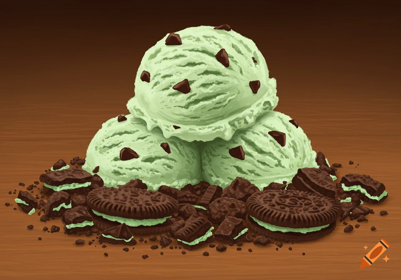 Three scoops of mint chocolate chip ice cream stacked on a pile of mint sandwich cookies and crumbs on a wooden surface.