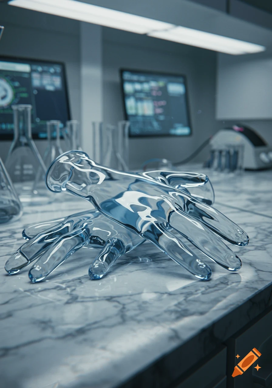 Two clear glass gloves rest on a white marble lab counter with blurred beakers and computer screens in the background, photorealistic.
