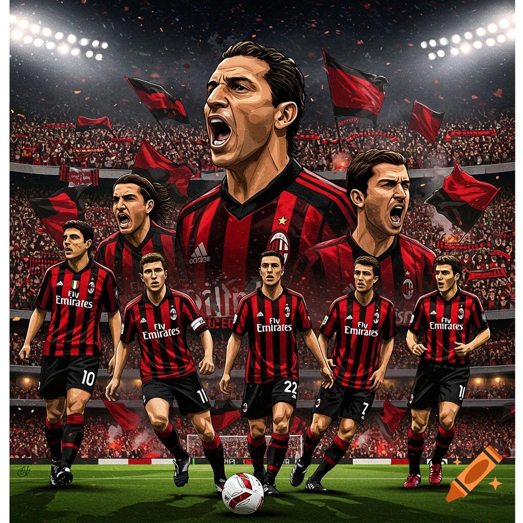 Stylized illustration of AC Milan soccer players on a field with a ball, in front of a cheering crowd in a stadium at night.