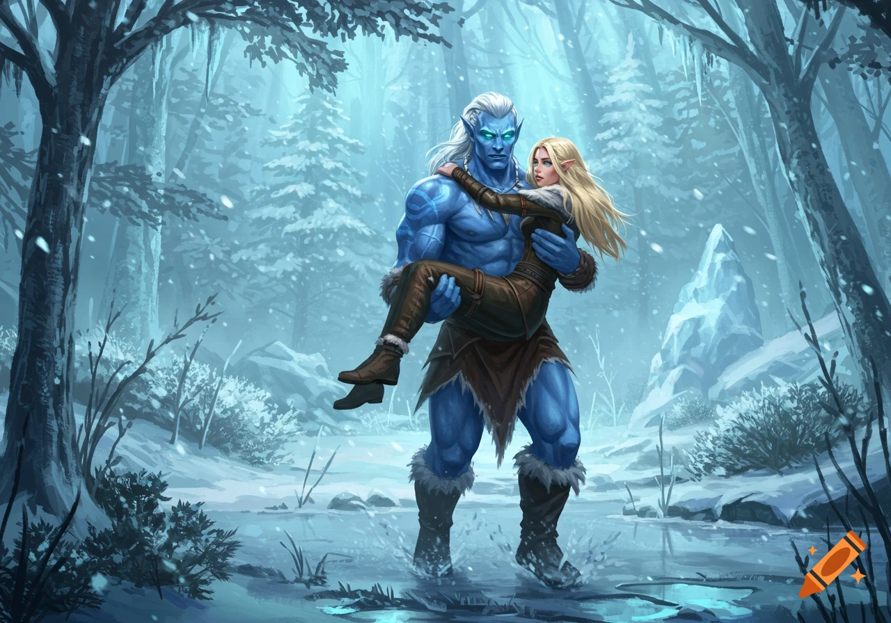 A muscular, blue-skinned barbarian with white hair carries a blonde woman through a snowy, mystical forest.