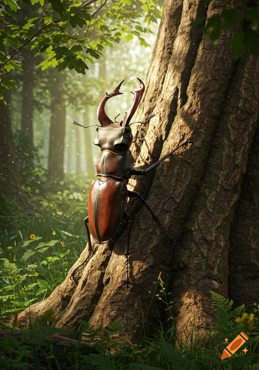 A large brown stag beetle with prominent mandibles climbs a textured tree trunk in a lush, sun-dappled forest, photorealistic.