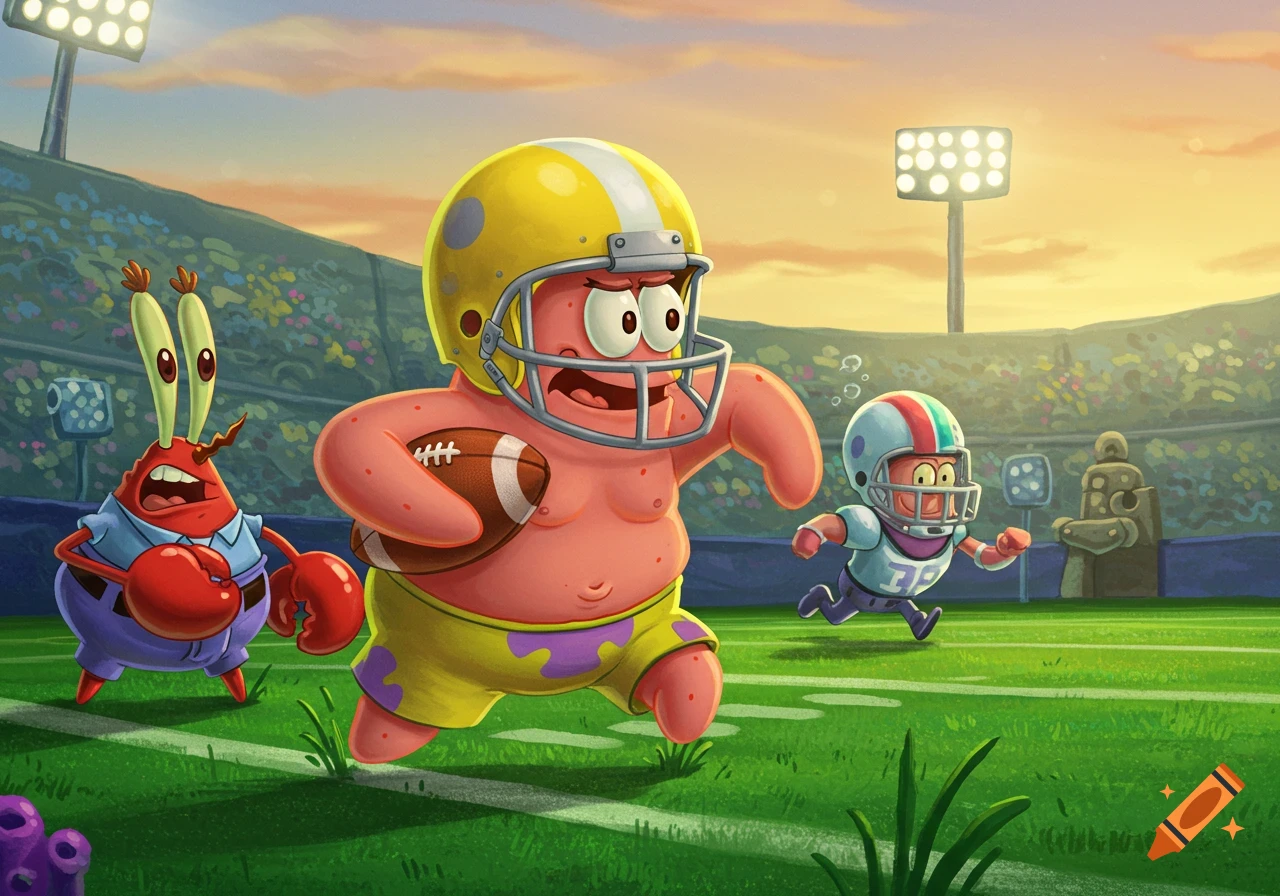 Patrick Star in a yellow football helmet runs with a football, pursued by another player, while Mr. Krabs watches on a football field in a cartoon style.