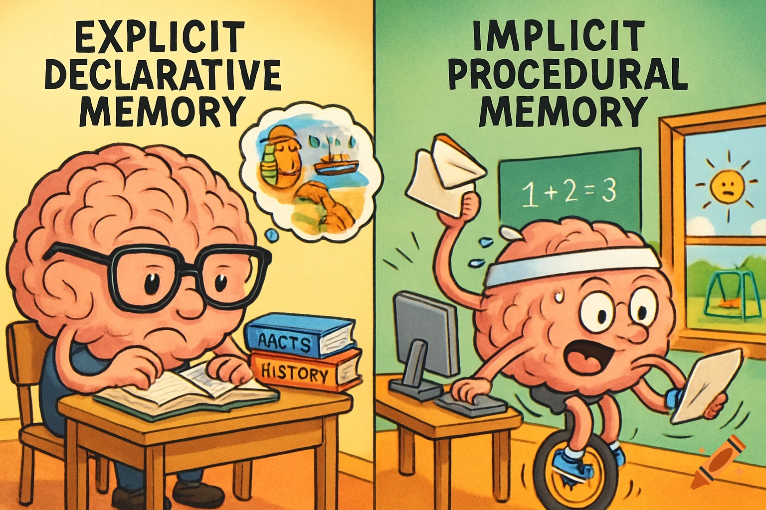 Cartoon brains illustrating explicit declarative memory (studying) and implicit procedural memory (unicycling, typing, math).
