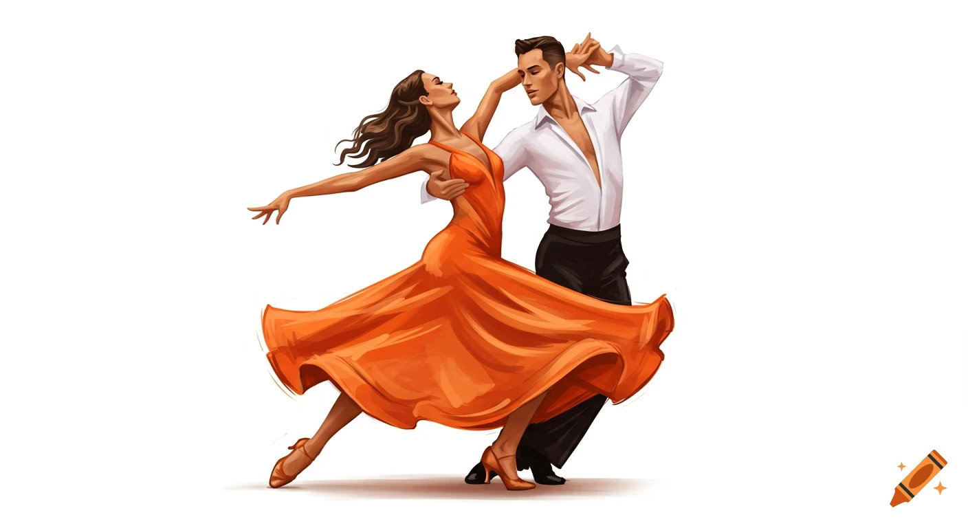 An illustration of a couple dancing against a white background. The woman wears an orange dress, and the man wears a white shirt.
