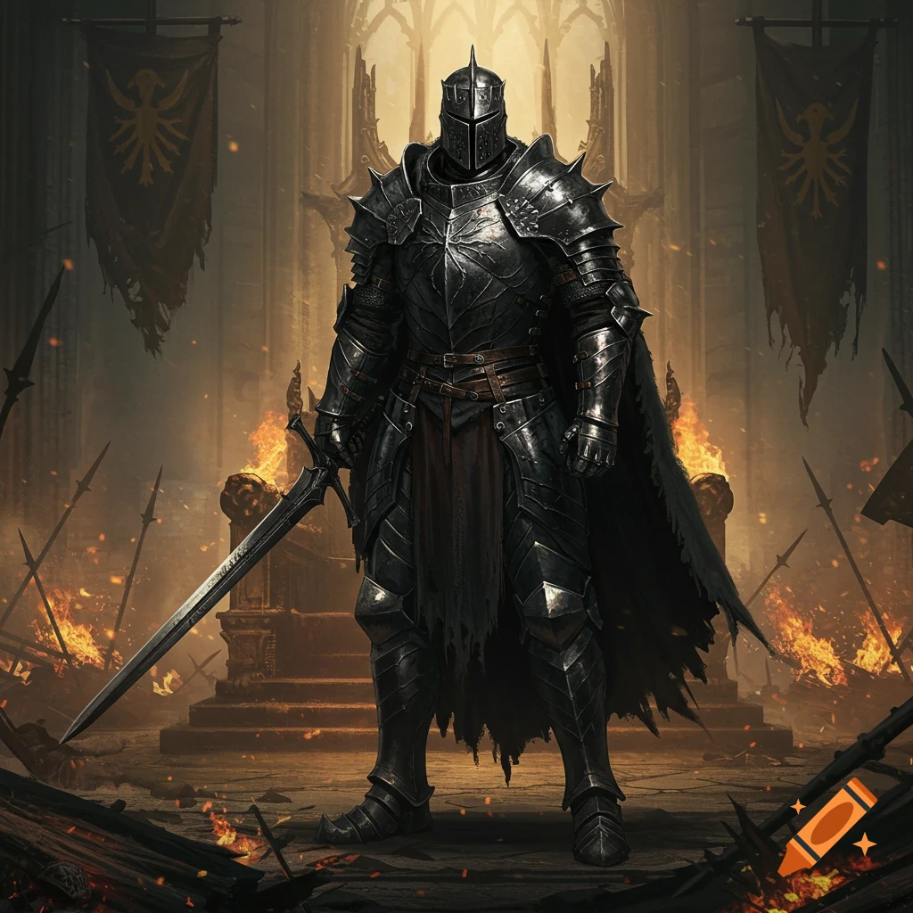 A powerful knight in spiked black armor stands holding a large sword in a burning, ruined castle hall.